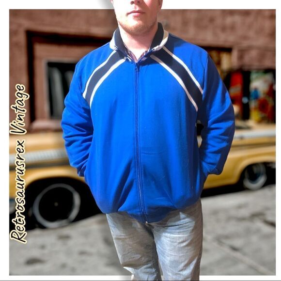 VINTAGE 1980’s Blue Retro Athletic Track Jacket Blue & White Zip Sweatshirt, XL - Picture 2 of 5